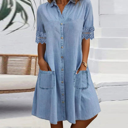 🎁Lascaine 50% ar feadh tréimhse teoranta⏳Gúna Mini Denim Gorm Simplí le Coiléar Lása