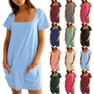 💕Lascaine 50% ar Ardú Céime an tSamhraidh👗Gúna Ócáideach le Muineál Cearnógach agus Pócaí do Mhná